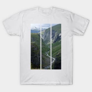 Wonderful landscapes in Norway. Vestland. Beautiful scenery of Voringfossen waterfall in the Mabodalen valley on the Hardanger scenic route. Mountains, trees in background. Cloudy day (vertical) T-Shirt